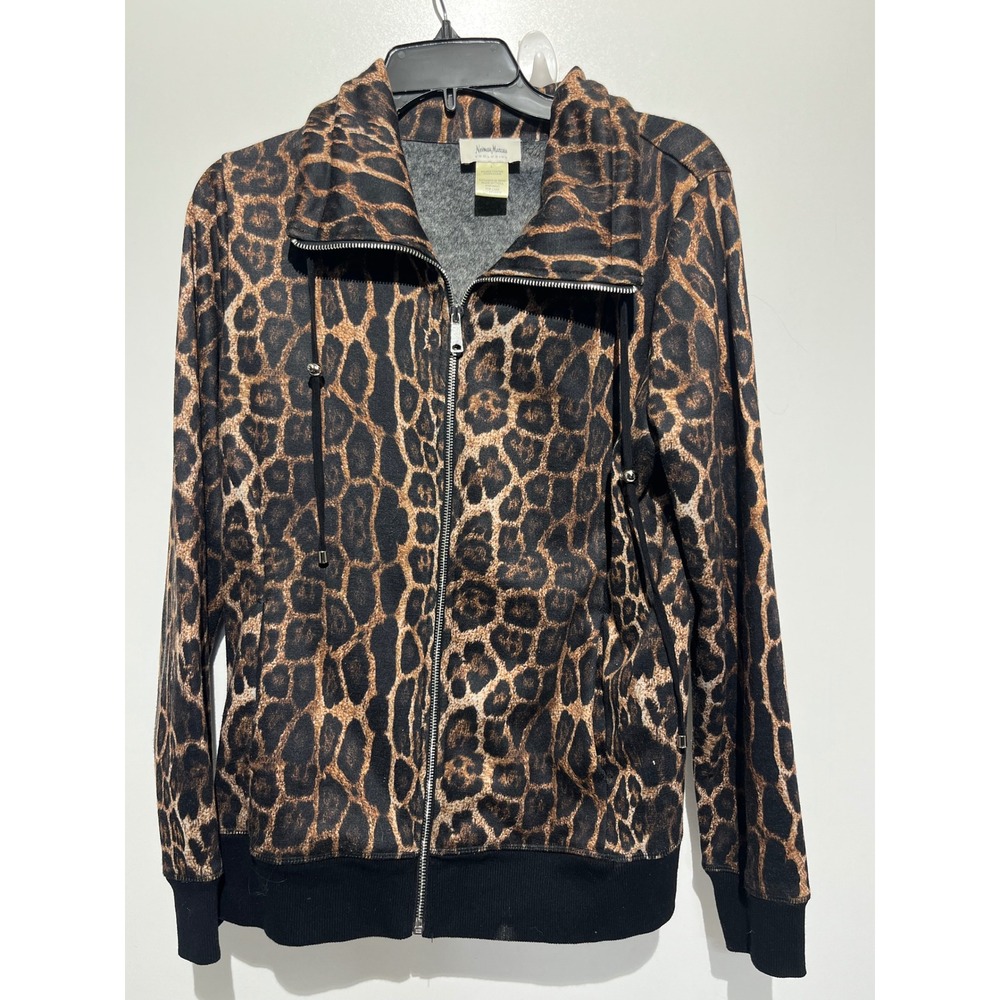 Neiman Marcus Exclusive Leopard Print Full‎ Zip Mock Neck Jacket Brown Black L